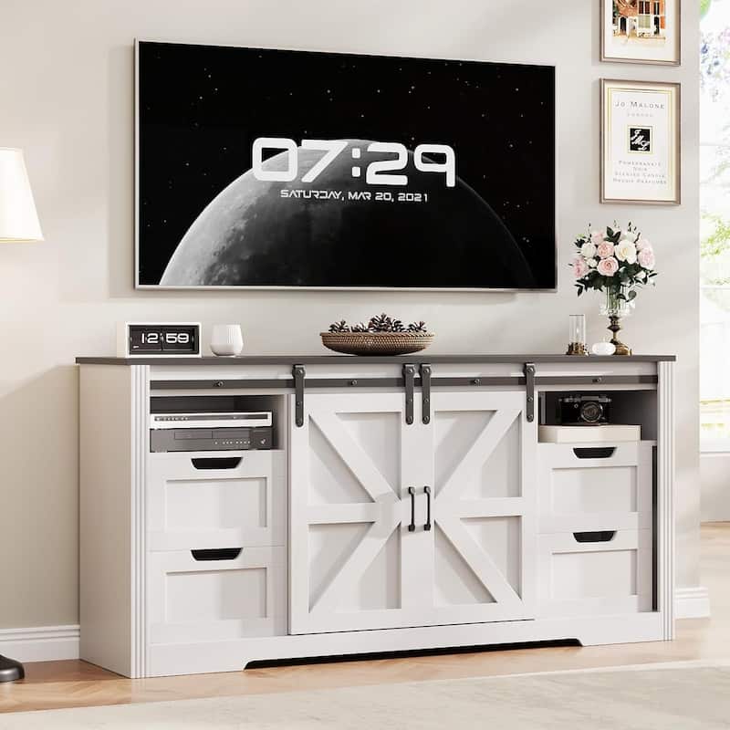 66" Farmhouse TV Stand, Entertainment Center with 4 Drawers for Up to 70 Inch TVs - White