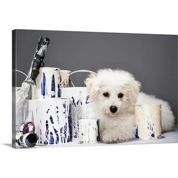 "Puppy sitting amongst paint tins" Canvas Wall Art