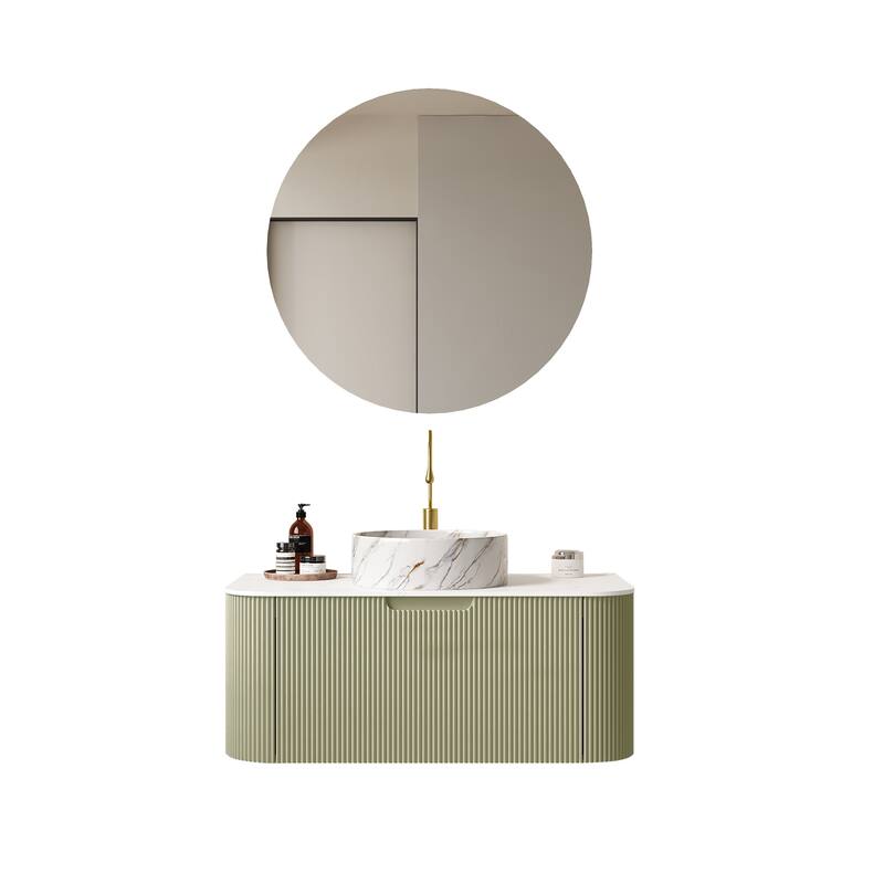 24 Inch/30 Inch/36 Inch Wall-Mounted Bathroom Vanity Cabinet with Counter Top Sink, Round Ceramic Basin with Stone Pattern