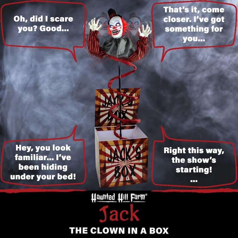 Haunted Hill Farm Life-Size Animatronic Clown Jack in the Box, Lights and Sound, Indoor or Covered Outdoor Halloween Decoration