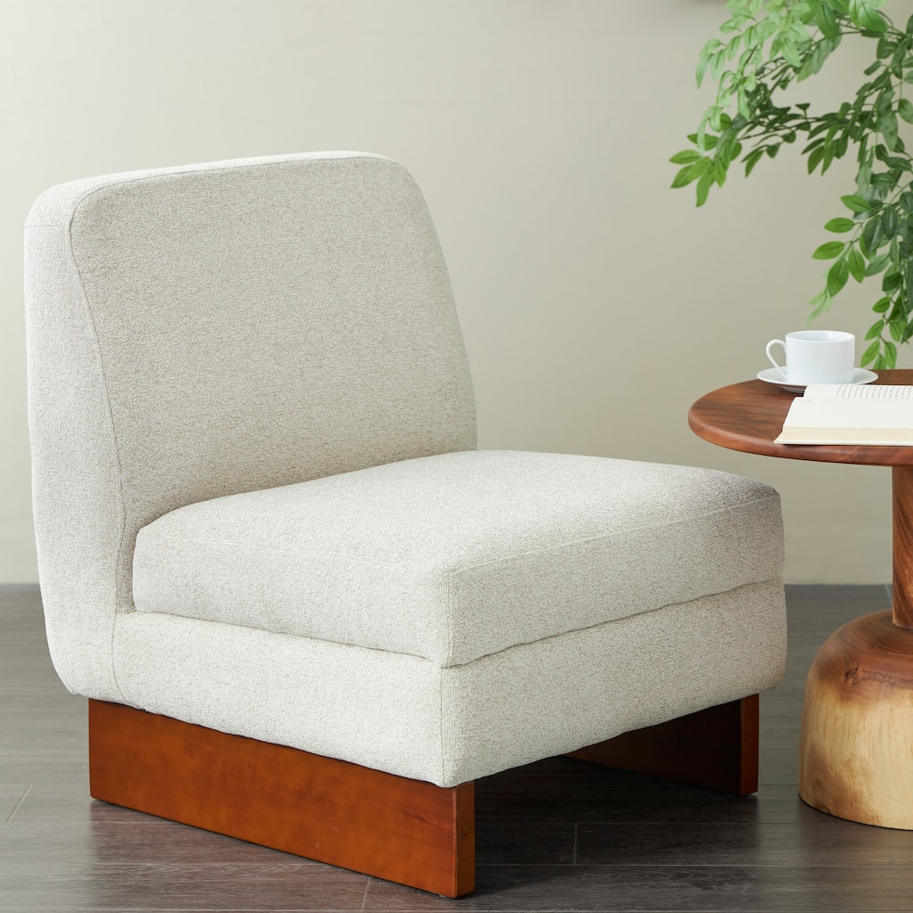 White Polyester Boucle Living Room Accent Chair with Brown Wooden Legs