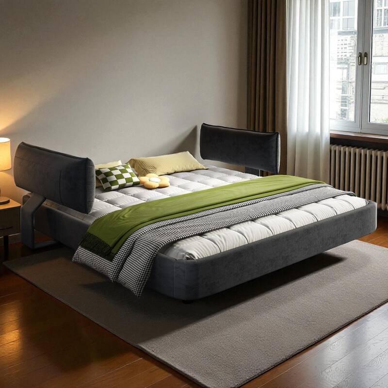 King Size Cloud Bed Frame with Oversized Movable Headboard, Chenille Upholstered Platform Bed with Metal & Wood Support