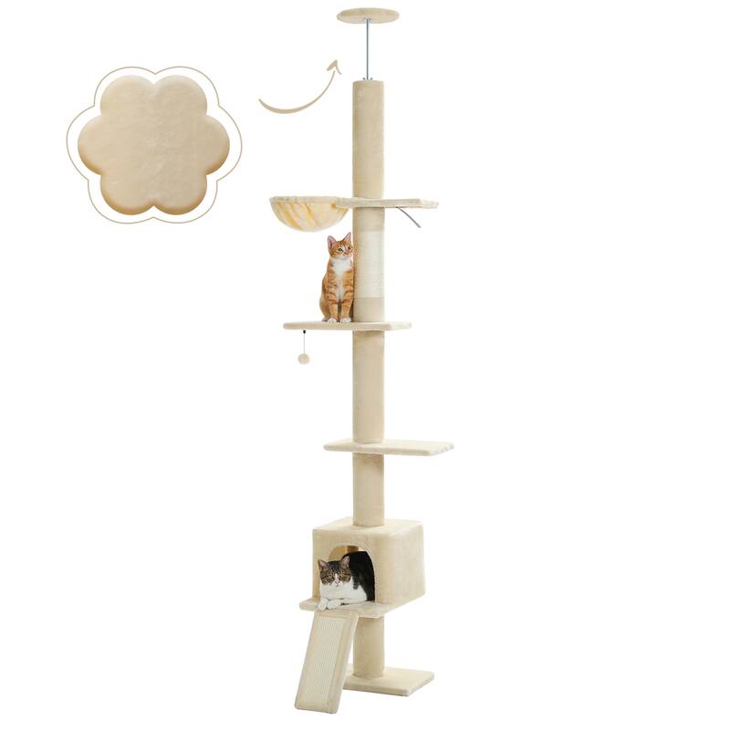 Adjustable Height Floor to Ceiling 5-Tier Tall Cat Tree Tower for Indoor Cats with Cat Condo, Cat Scratching Post and Cat Ladder - Beige