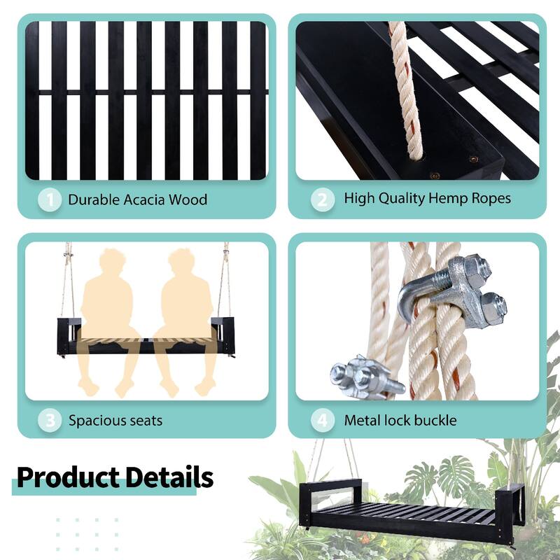 Twin Size Porch Swing Bed Patio Acacia Wood Swing Frame with Hemp Ropes