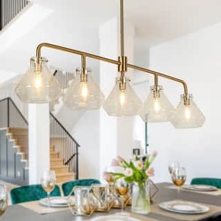 Modern Glam Gold Linear 43-inch Island Farmhouse Dining Chandelier with Art Glass for Bar Kitchen - 43.5"W x 6.3"D x 32"-72"H