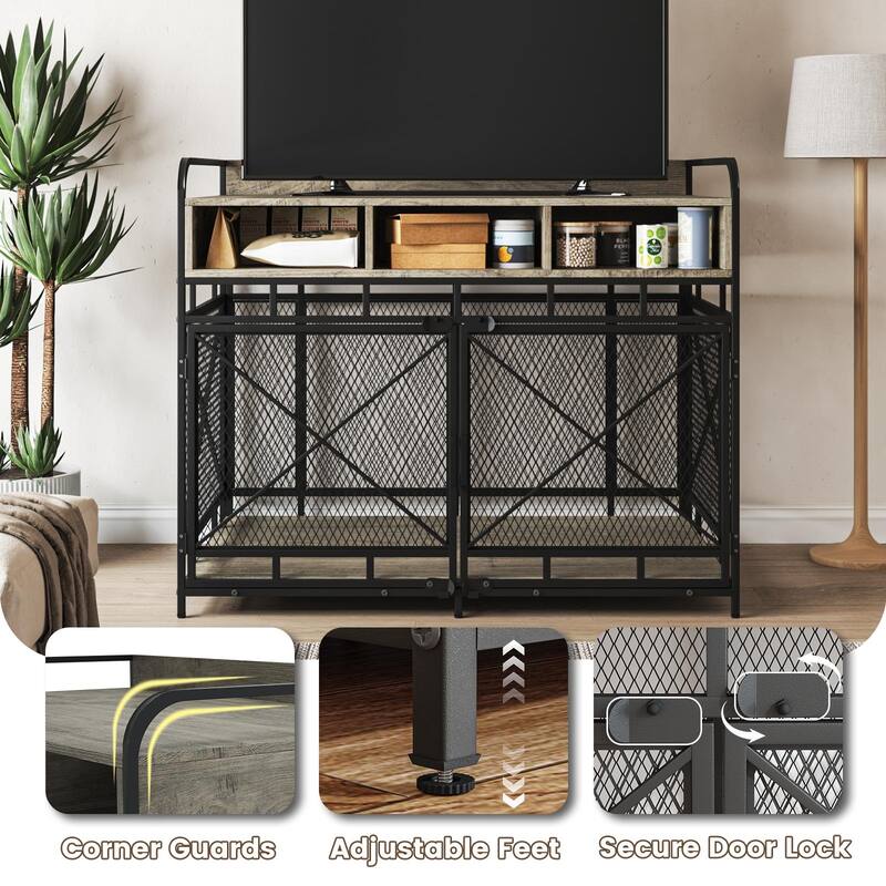 BOSSIN Large Dog Crate Furniture,Wooden Dog Kennel Table with Storage Drawers, Heavy Duty Metal Mesh,Decorative Pet House Indoor