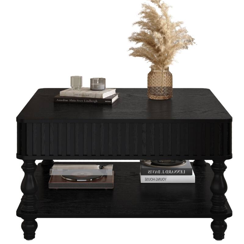 Roomfitters 31.5" Square Lift Top Coffee Table, Fluted Storage Center Table with Hydraulic Mechanism and Solid Wood Legs