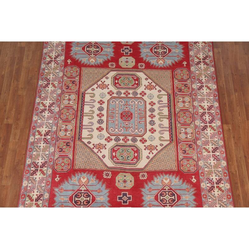 Hand Knotted Oriental 100% Wool Carpet Traditional Geometric Red Kazak Area Rug - 9' 7'' X 6' 4''