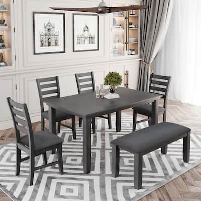 6 Piece Family Dining Room Set, Rustic Wood Dining Room Table and 4 Fabric Chairs with Bench