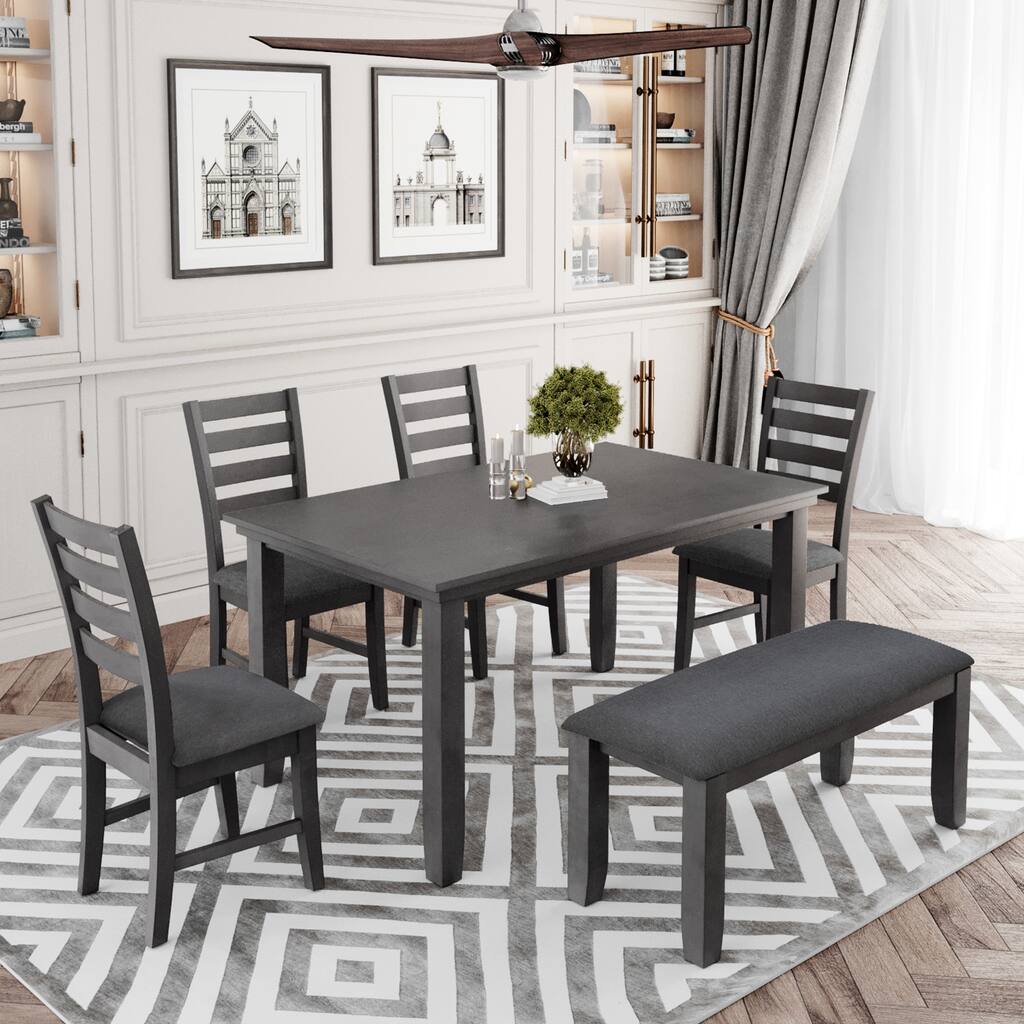 Gray 6-Piece Rustic Wood Dining Set with Bench, Including Dining Table and Chairs