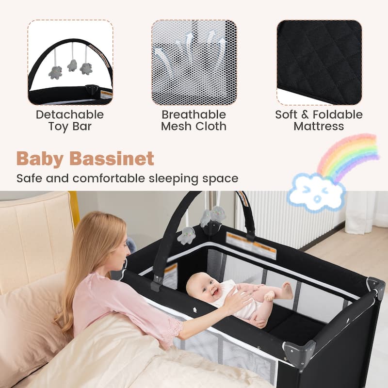 3-in-1 Kids Pack and Play with Changing Table Bassinet, Playpen and Toy Bar - 40.5" x 28" x 28"