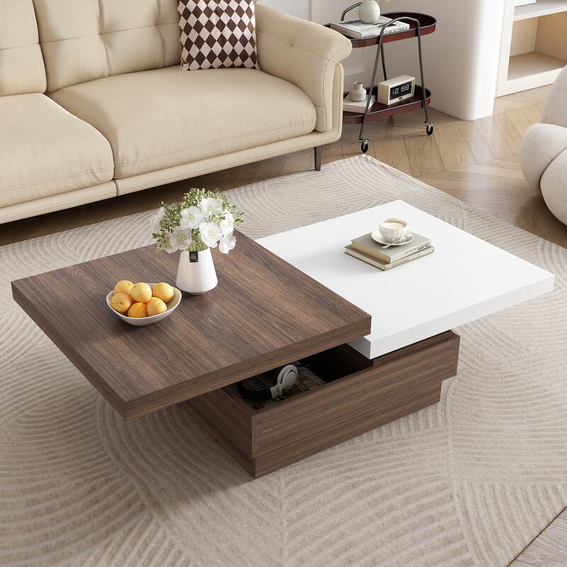 35.4" Modern Coffee Table with Rotatable Top and 1 Hidden Storage Space - White