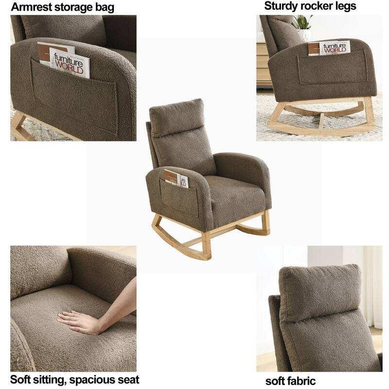 High Backrest Rocking Chair with Rubber Wood Base and Two Side Pocket