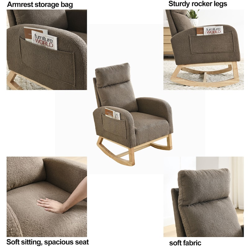 Roomfitters Modern Rocking Chair with High Back, Comfortable Armrests and Side Storage, Accent Lounge Chair for Living Room