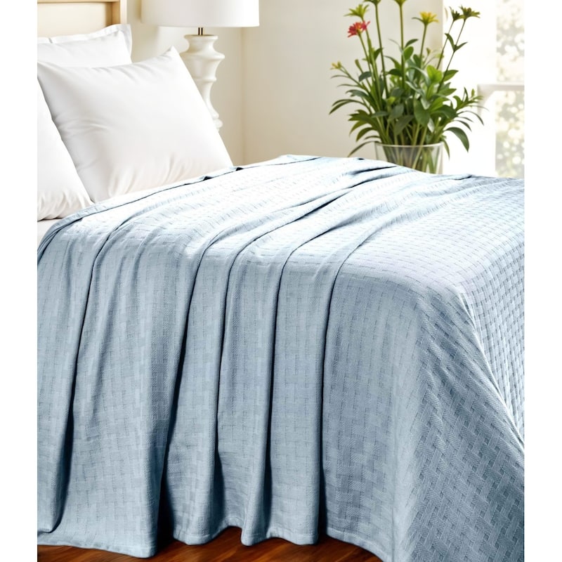 HomeRoots Twin Light Blue Cotton Basketweave Geometric Blanket - Twin - Light Blue