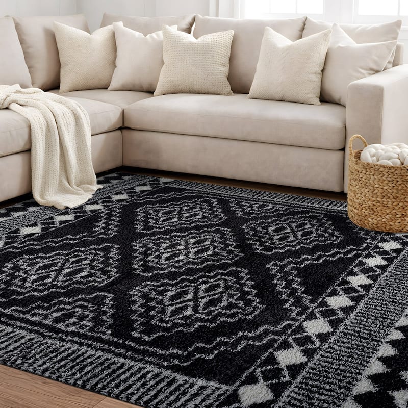 Geometric Shag Rug - Anthracite Dark Gray - Durable Rug for Living Room, Bedroom, or Entryway - Easy to Maintain
