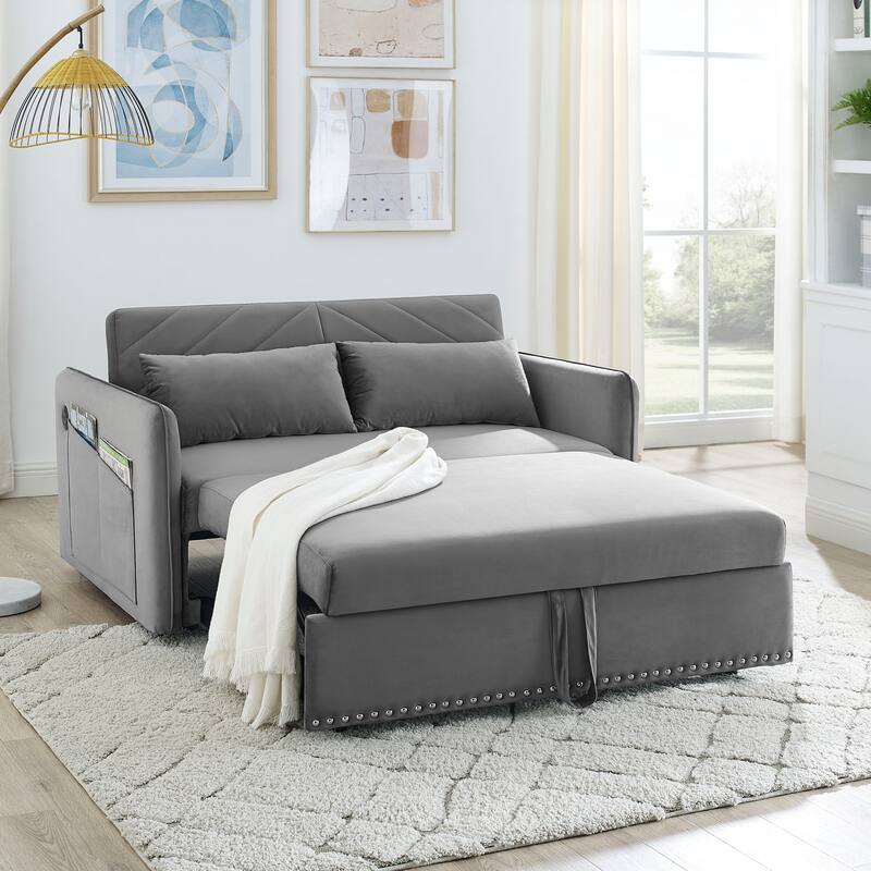 Velvet Convertible Sleeper Sofa Bed with 3-Level Adjustable Backrest, USB Port, and Side Pockets