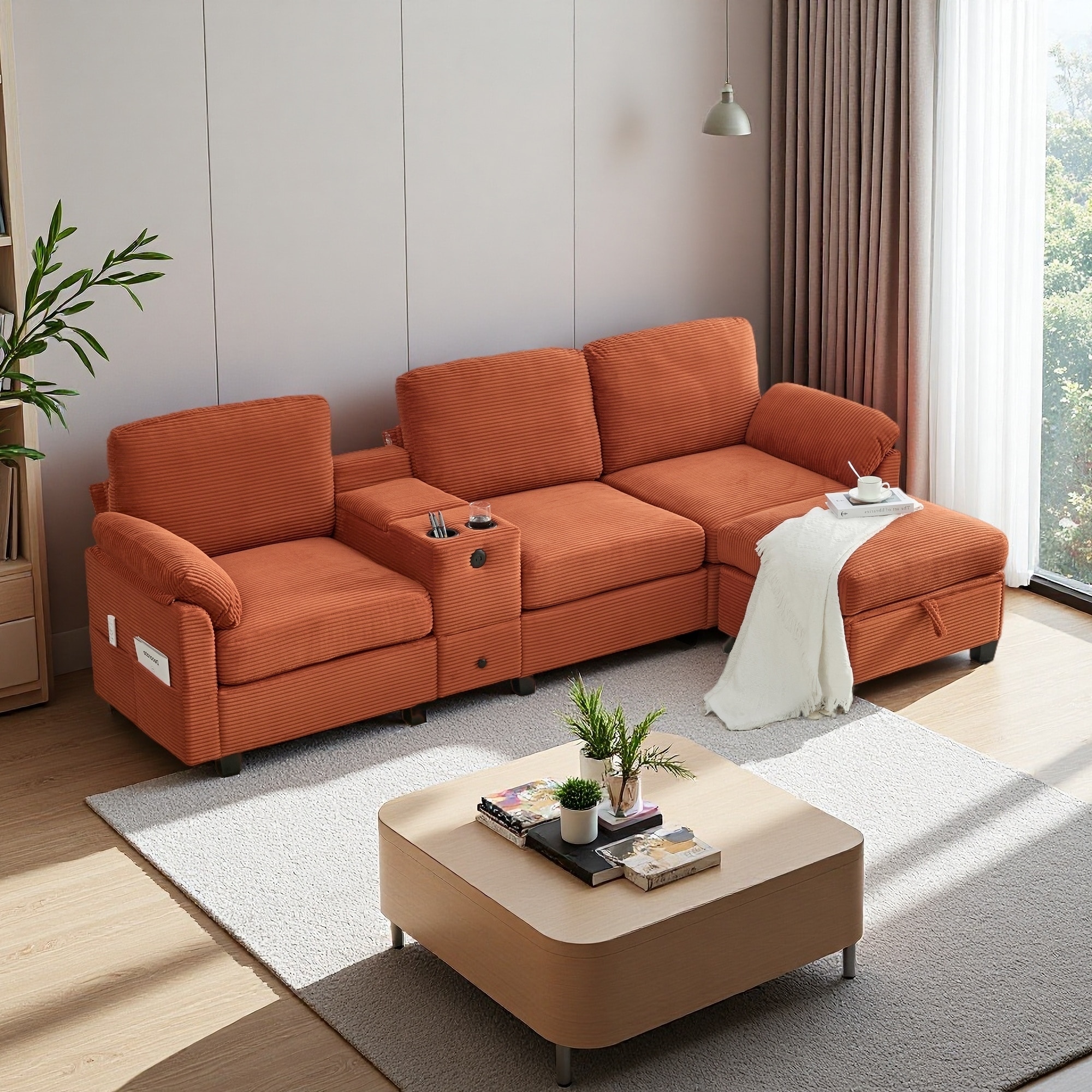 104.72" Corduroy L-Shaped 4-Seat Sectional Sofa with Cup Holders, USB Charging and Storage Ottoman