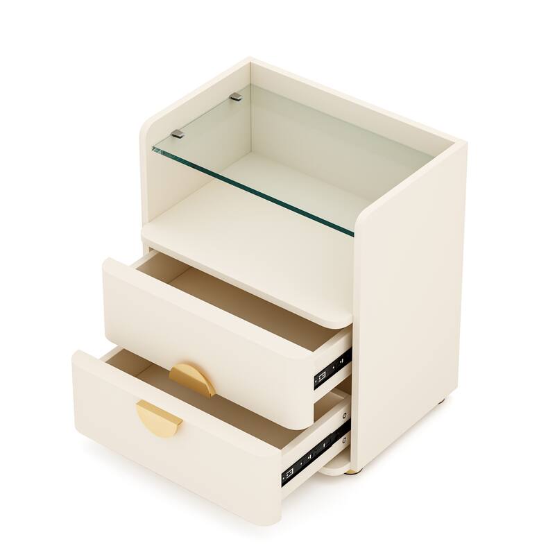 19.68" 2-Drawer Nightstand with Tempered Glass Top & Open Shelf - Wood Bedside Table with Gold Metal Legs, Stylish End Table