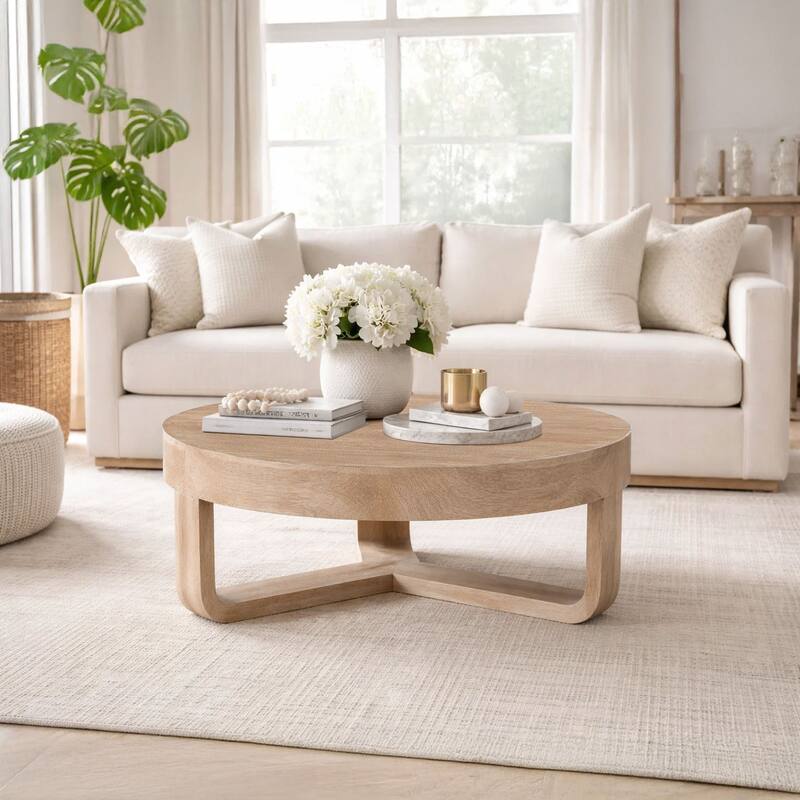 Milan Coffee Table, 32 Inch Round Top, Mango Wood with Sandblasted Natural Brown, Open Sled Base