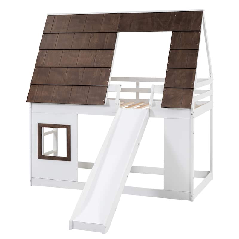 Wood House Bunk Bed with Roof
