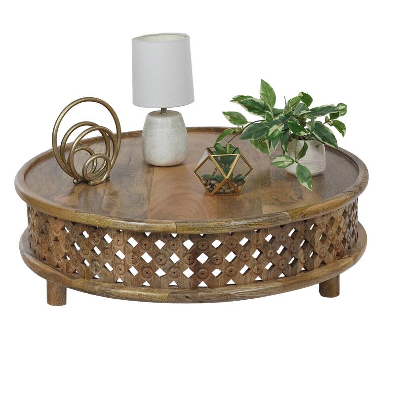36" Round Mango Wood Coffee Table with Carved Artistic Base in Natural Finish