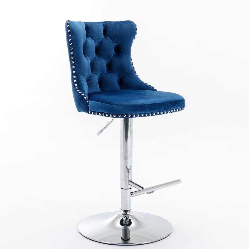 Furniture Set of 2 Swivel Velvet Bar Stools with Chrome Base & Tufted Back, Adjustable Height 25-33" - Blue