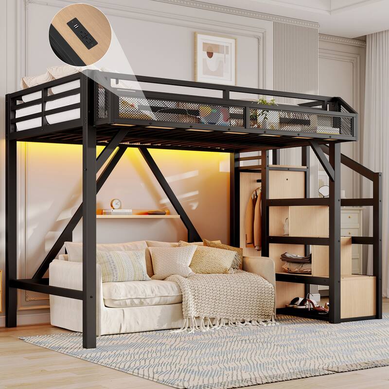 Twin XL Loft Bed with Storage Stairs, Shelves and Built-in Wardrobe, Metal Loft Bed Frame with USB Ports and LED Lights - Natural Wood