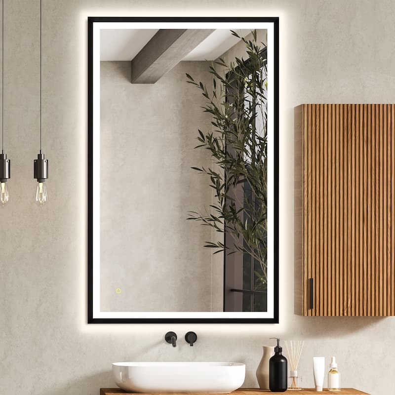 Apollo Rectangular Anti-Fog Dimmable Modern Bathroom/Vanity LED Lighted Wall Mirror in Matte Black Aluminum Framed
