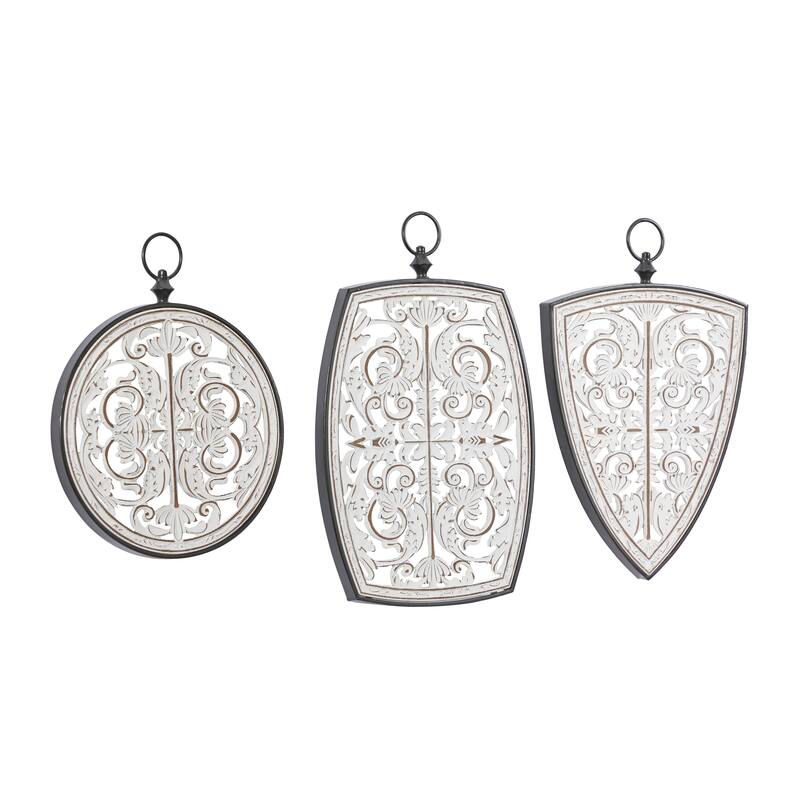 Wooden Floral Carved Design Home Wall Decor with Ring Hanger - Set of 3 White - Roche River Decor