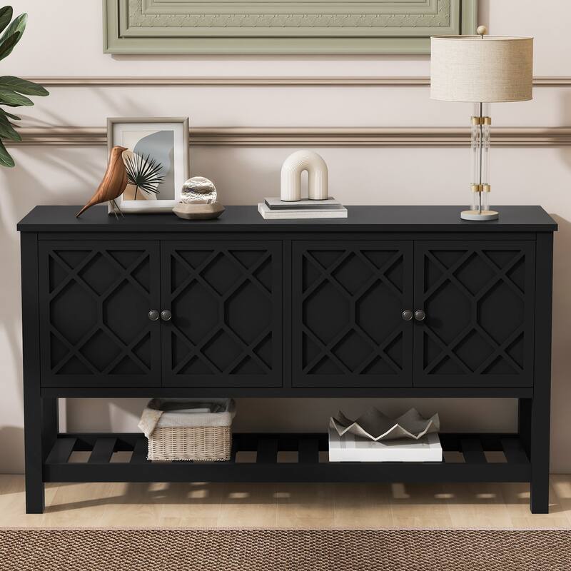 59.8" Elegant Entryway Table with Polygonal Door Design - Black