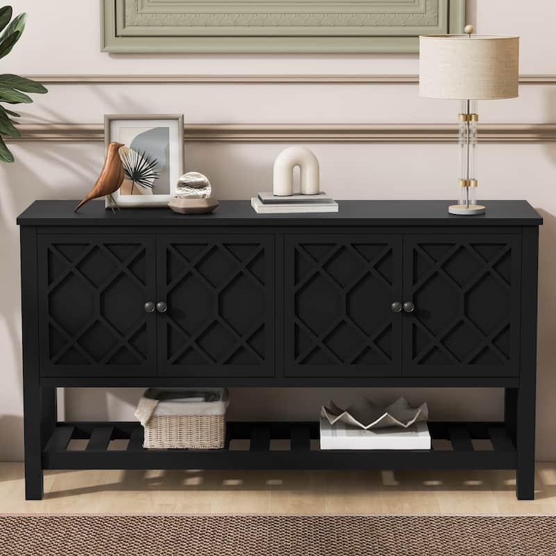 59.8" Storage Console Tables with 4 Doors and Bottom Shelf, Farmhouse Entryway Table Sofa Table with Rubber Wood Legs