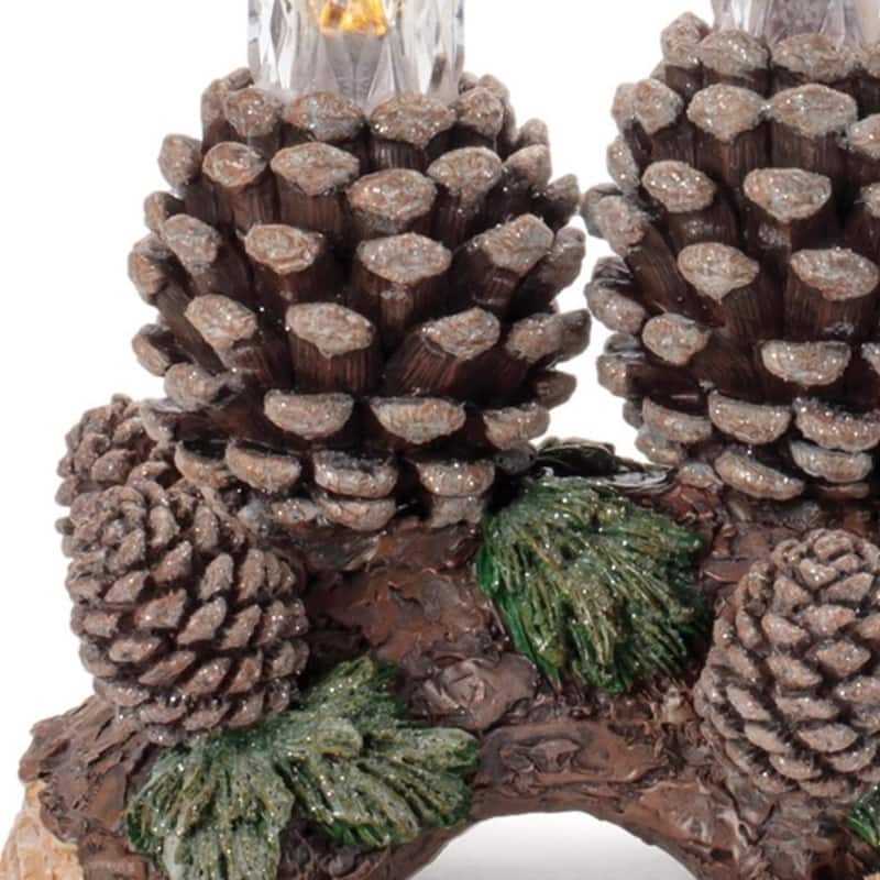 Set of Three Clear Flameless Taper Candles In Brown And Green Resin Pinecone Holder