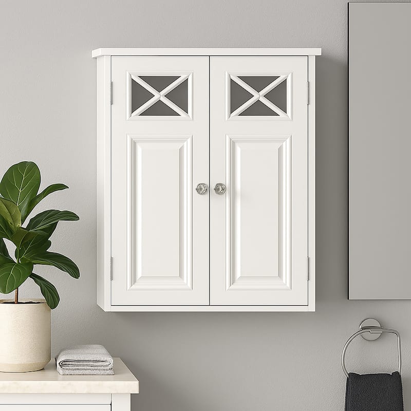 Teamson Home Dawson 2-Door White Bathroom Wall Cabinet, Removable Glass Panel, Adjustable Shelf, Cross Molding Storage