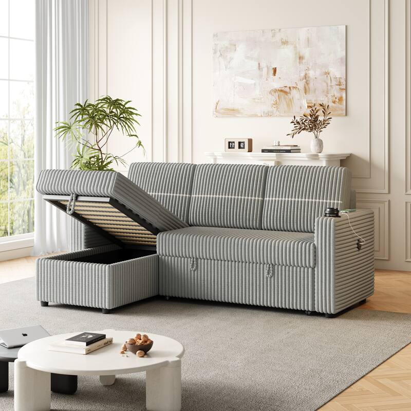Corduroy Sleeper Sofa Bed with Storage Chaise, Dual Cup Holders, and USB Charging Port Convertible Couch for Living Room