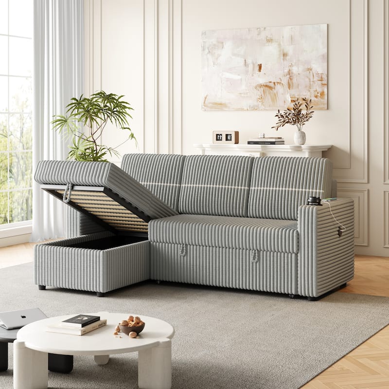 Light Gray Corduroy Sofa Bed, 3-Seater Sleeper with Storage Chaise, USB Port