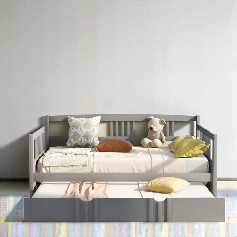 Twin/Full Size Wood Daybed with Twin Trundle, Sofa Bed Frame with Rails and Pull-Out Guest Bed - Grey - Full