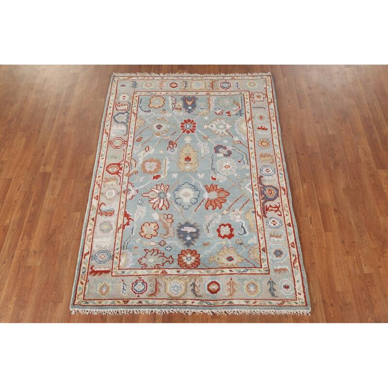 Light Blue Oushak Style Area Rug Hand-Knotted Wool Carpet - 4'2"x 5'11"