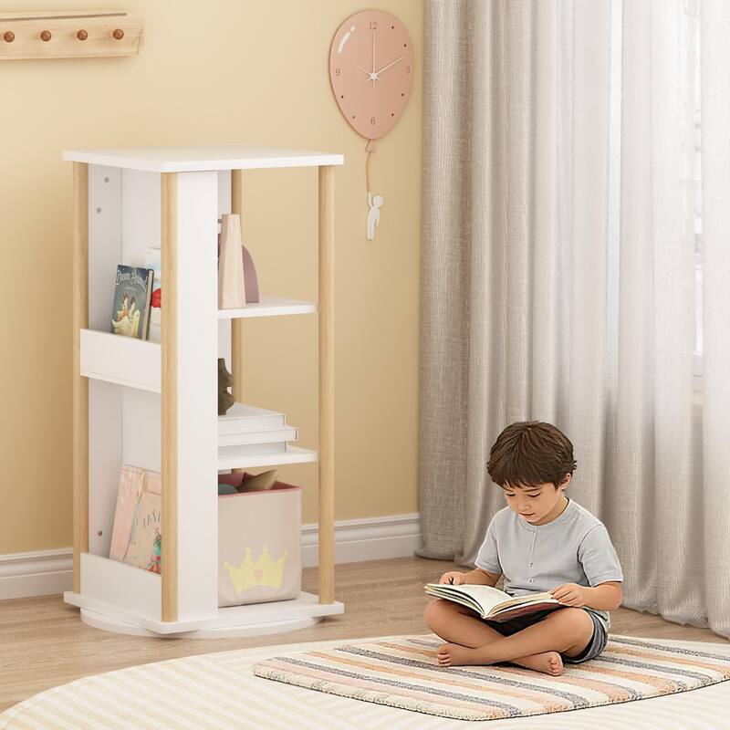360°Rotating Kids Bookshelf with Chalkboard, 3-Tier Wood Floor Revolving Bookcase & Toy Storage Organizer, Book Display Stand