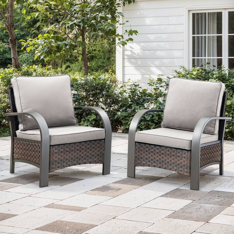 Outdoor PE Wicker Patio Furniture Set - Brown Rattan - Beige Cushion - 2PCS Patio Chair