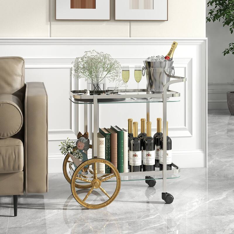 Gymax 2-Tier Serving Cart w/ Tempered Glass Shelves 2 Large Aluminum