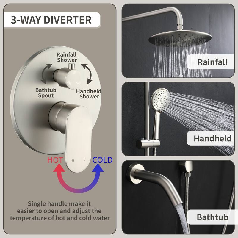 4-Spray Wall Mount Dual Fixed and Handheld Shower Head with Slide Bar and Tub Spout, Valve included