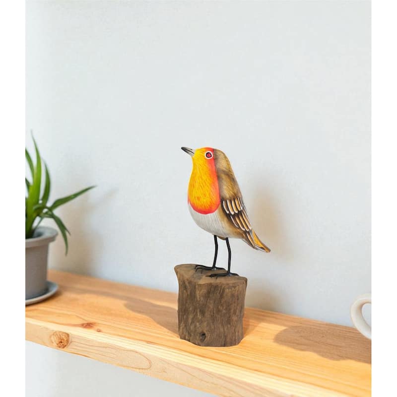 Wood European Robin Figurine - Hand Carved Songbird Sculpture, Rustic Bird Decor on Driftwood Base