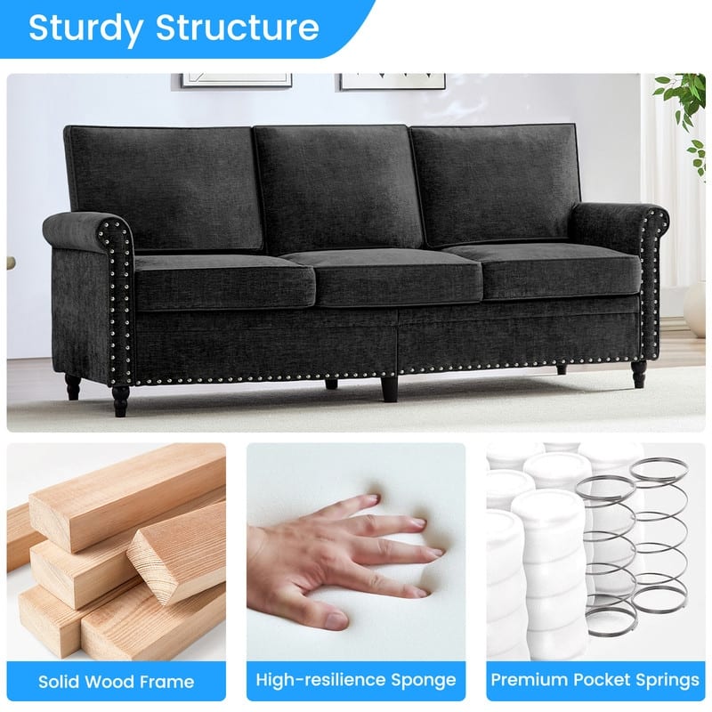 Mixoy Chenille Living Room Sofa,Modern 3-Seater Sofa Couch,Unique Riveted Look