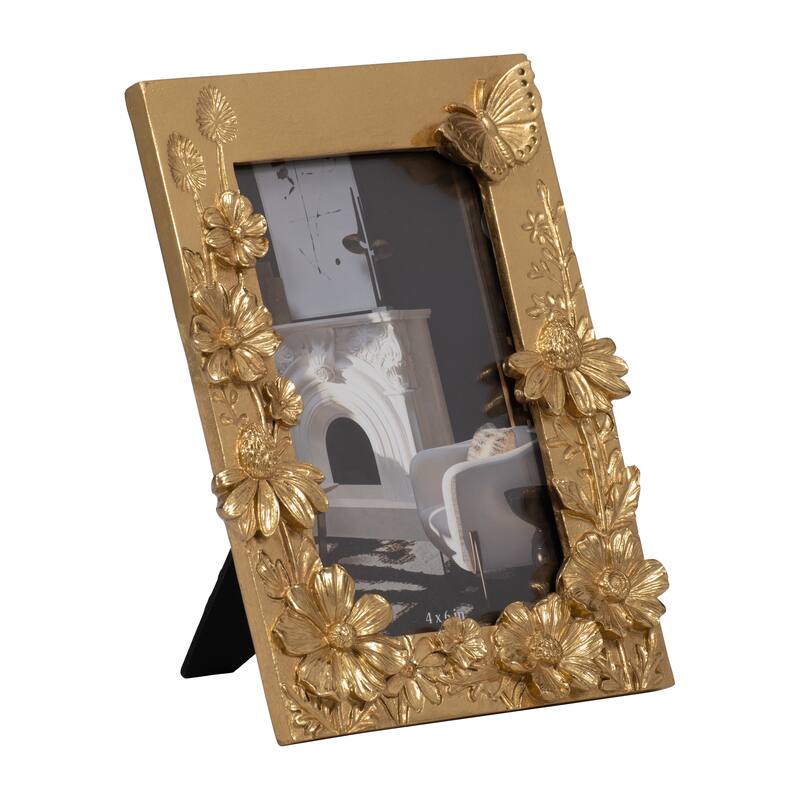 Sagebrook Home 4x6 Gold Resin and Glass Spring Time Photo Frame, Perfect for Cherished Memories - 6" x 1" x 8" - Floral Gold
