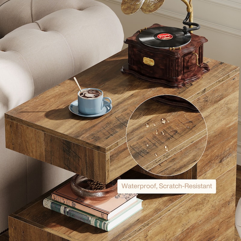 C-Shaped End Table, Couch Side Table with 2-Tier Storage Shelf