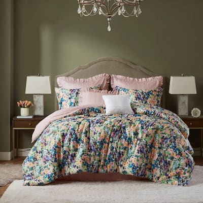 8-Piece California King Comforter Set Multi Floral Cotton Reversible with Ruffled Euro Shams