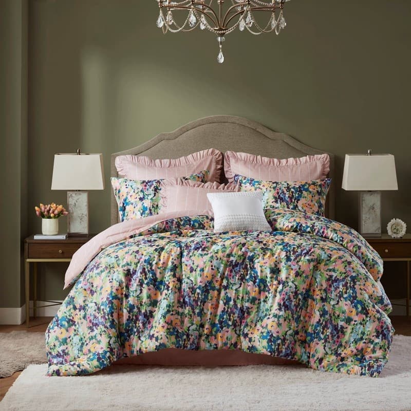 8-Piece Queen Comforter Set Multi Floral Cotton Reversible with Euro Shams & Bed Skirt - Multi