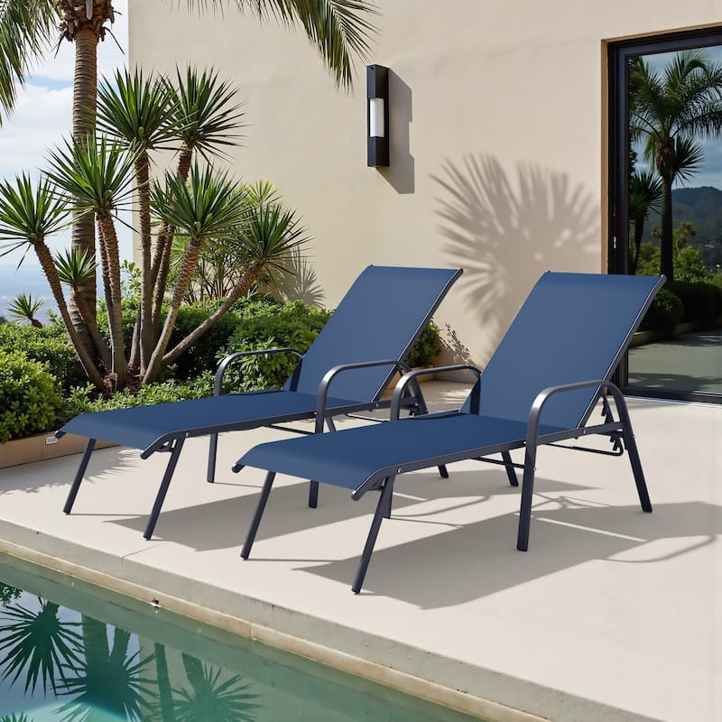 Set of 2/4 Lounge Chairs Outdoor Chaise Lounge with Arms and Adjustable Back - Navy Blue - 2PC