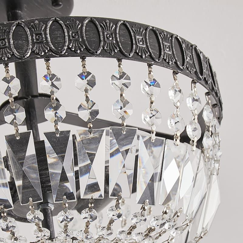 Weathered Black 3-Light Crystal Semi-Flush Mount Ceiling Light with Bowl Shade - 14.2"Wx 12.2"H